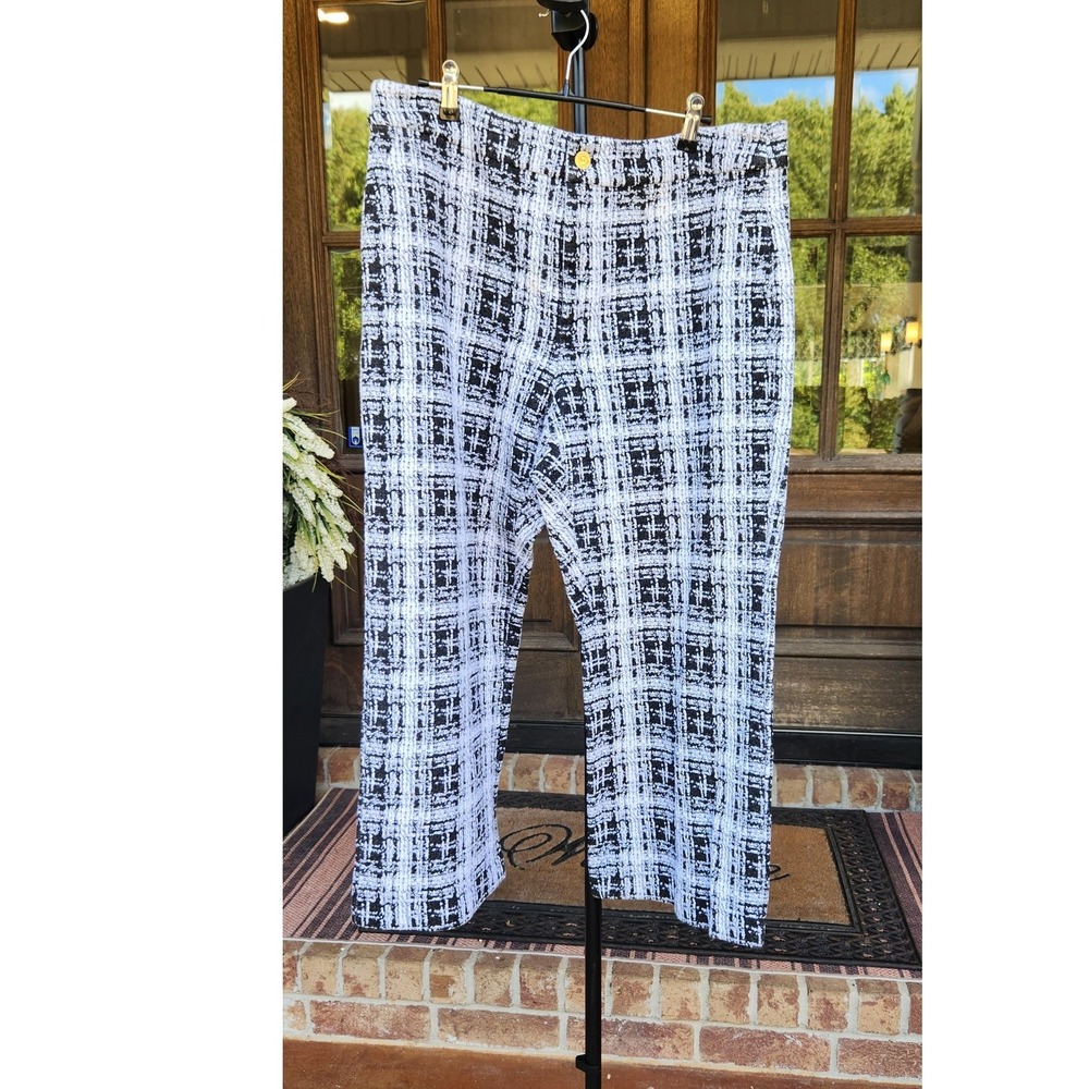 Michael Michael Kors Womens XL Black White Plaid Tweed Cropped Pants Gold Logo